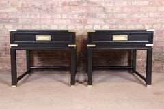 Hollywood Regency Campaign Black Lacquered Nightstands Attributed to Ficks Reed