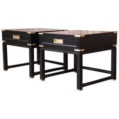 Hollywood Regency Campaign Black Lacquered Nightstands Attributed to Ficks Reed