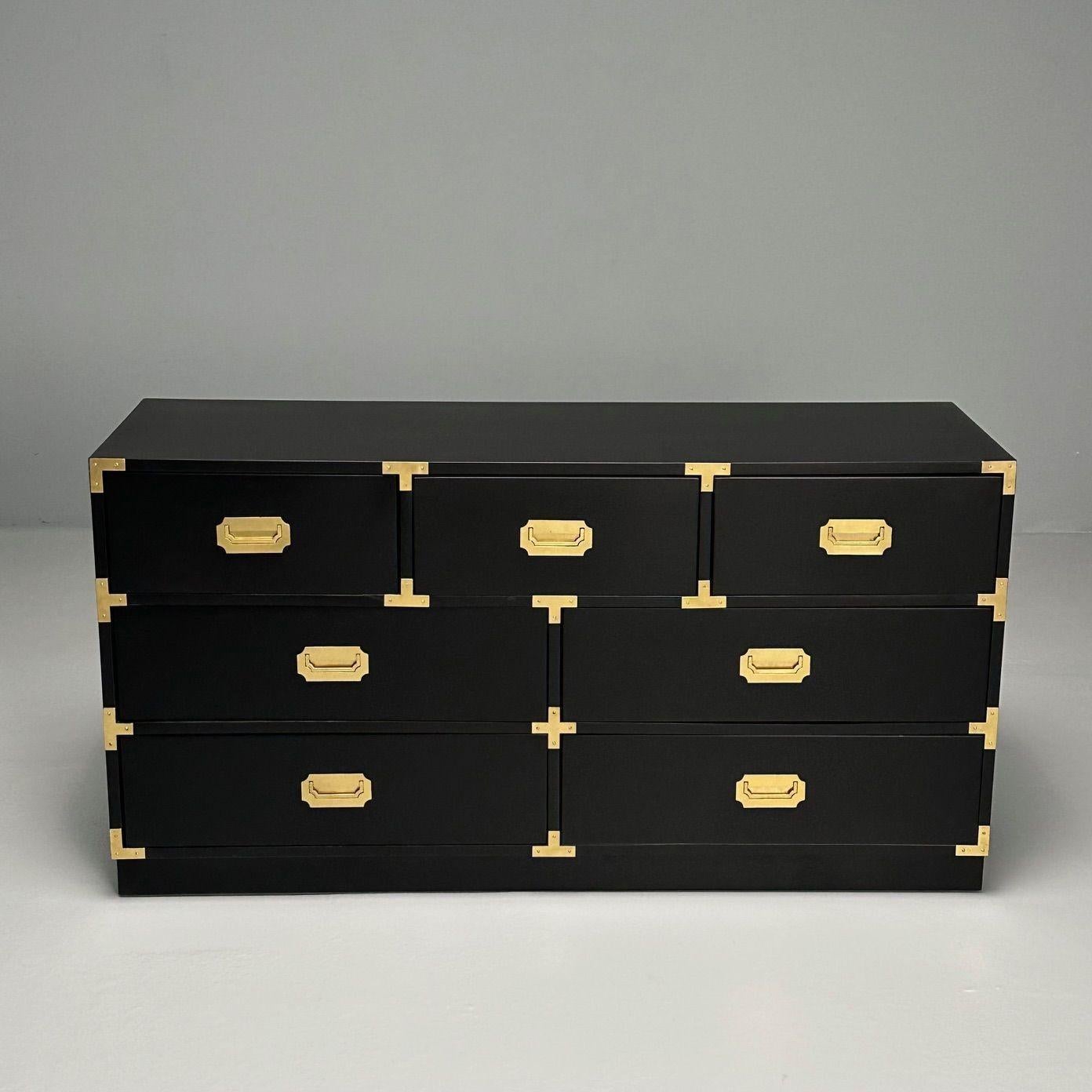 Hollywood Regency, Campaign Chest or Dresser, Black Paint, Brass, USA, 1970s

A single mid-century modern campaign dresser designed and produced in the United States, circa 1970s. This cabinet has been newly refinished with a black satin finish. The
