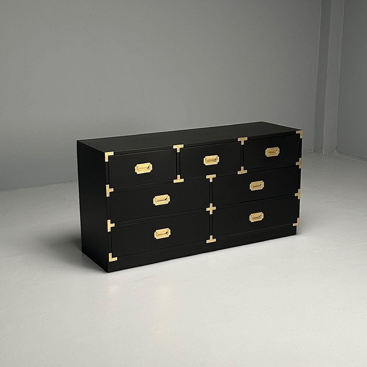 Mid-Century Modern Hollywood Regency, Campaign Chest, Black Paint, Brass, USA, 1970s For Sale