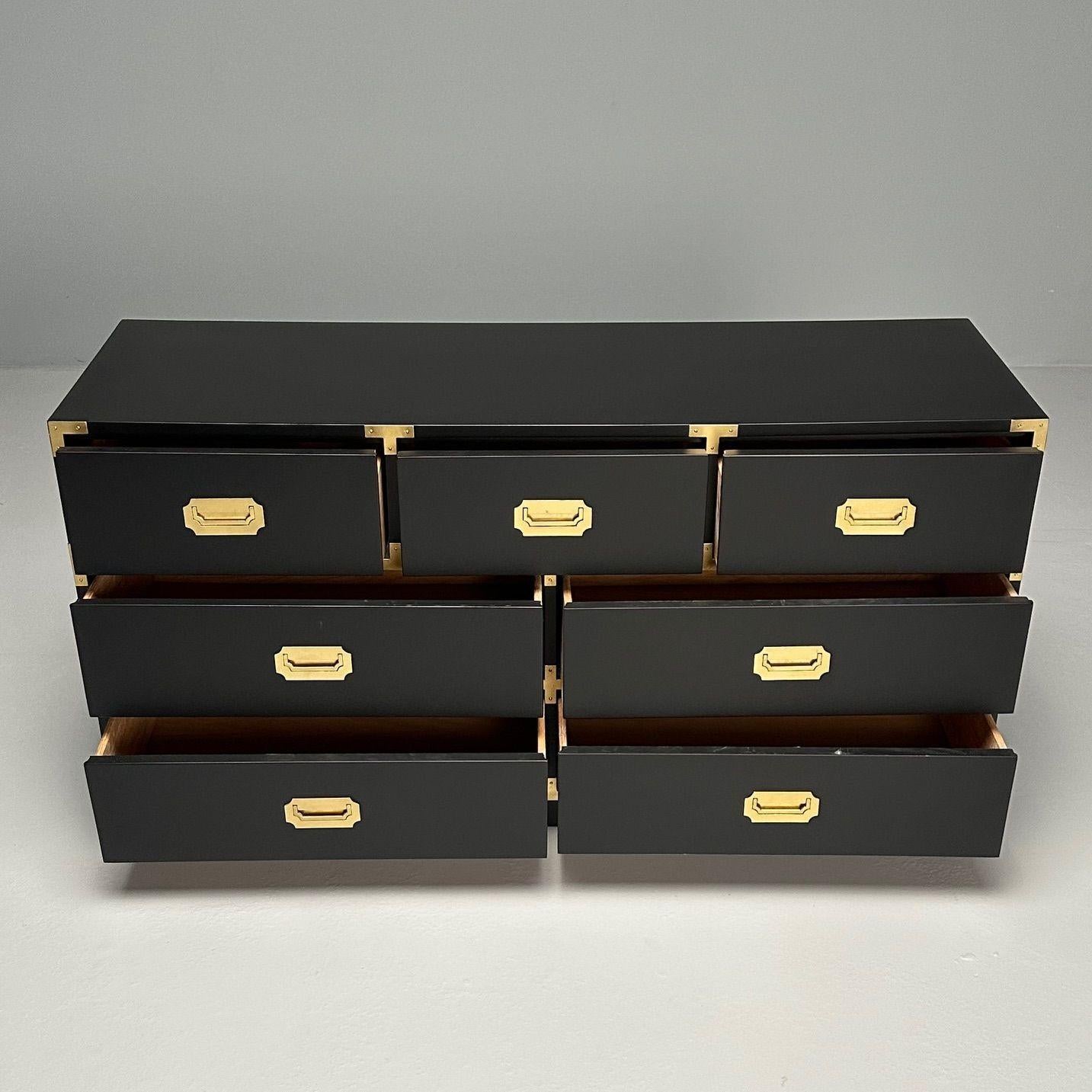 Late 20th Century Hollywood Regency, Campaign Chest, Black Paint, Brass, USA, 1970s For Sale