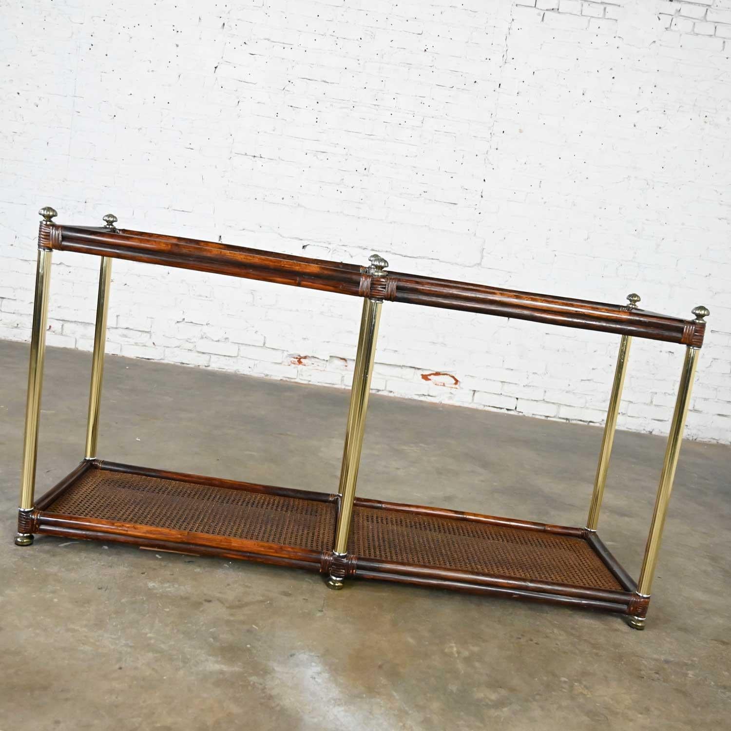 Hollywood Regency Campaign Chinoiserie Faux Bamboo Cane & Glass Top Sofa Table 5