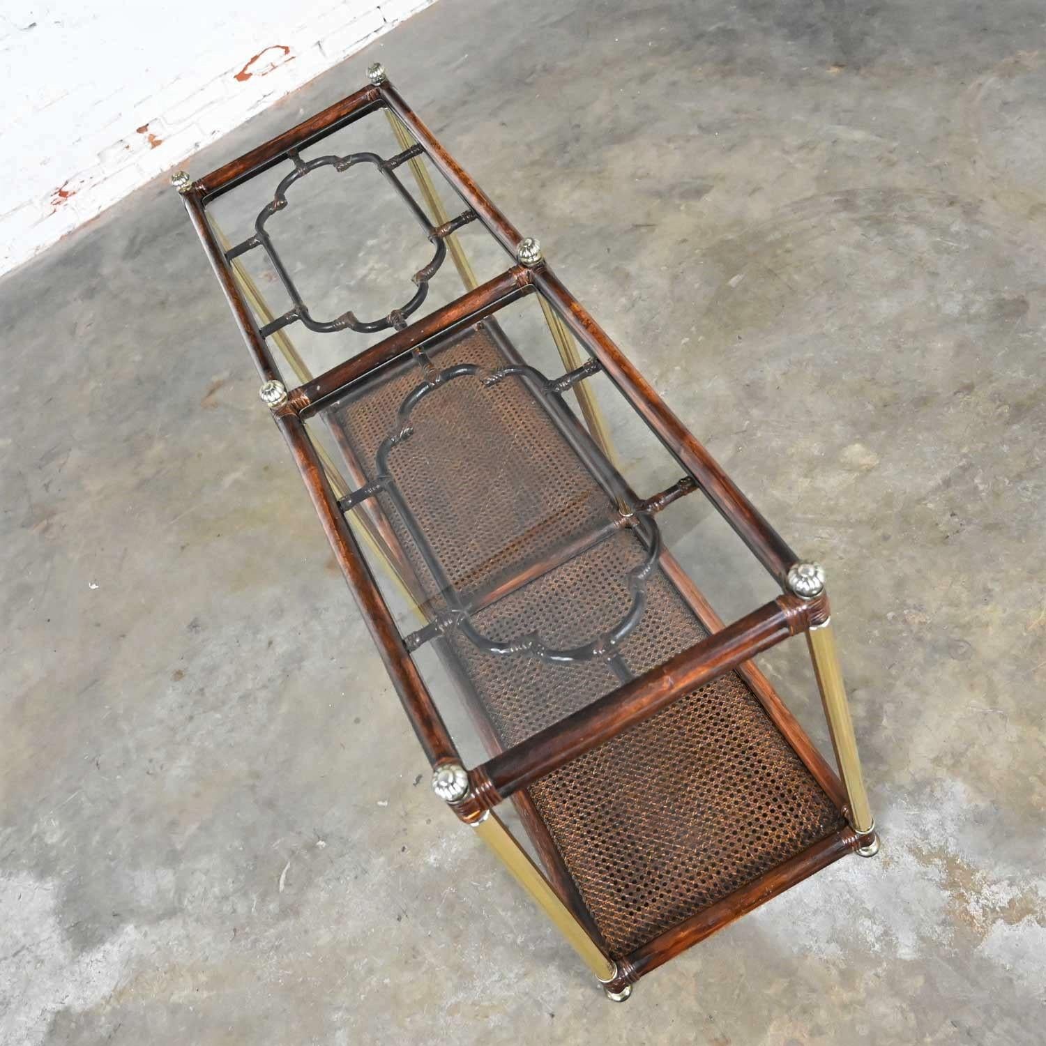 Hollywood Regency Campaign Chinoiserie Faux Bamboo Cane & Glass Top Sofa Table 6