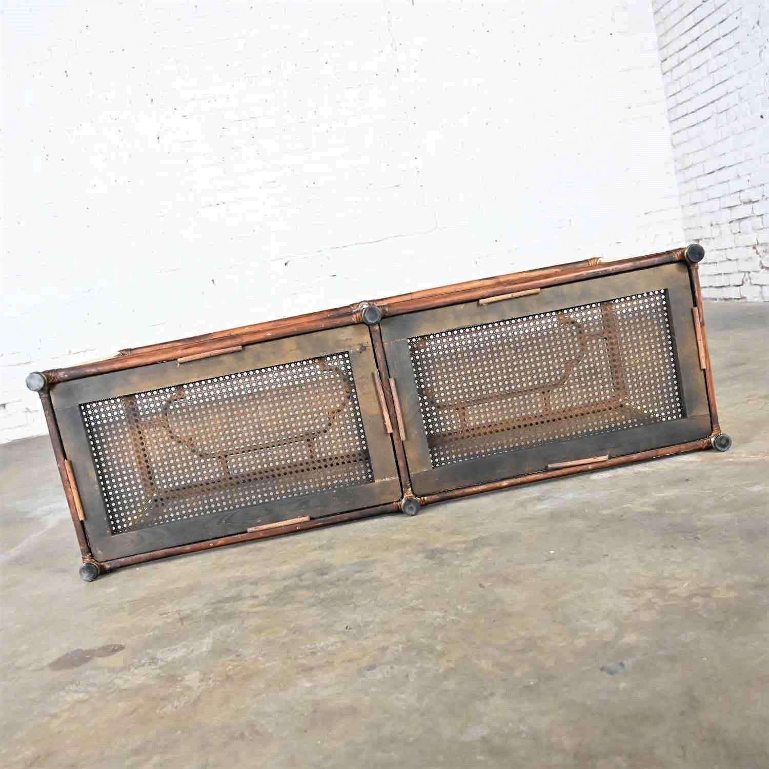 Hollywood Regency Campaign Chinoiserie Faux Bamboo Cane & Glass Top Sofa Table 13