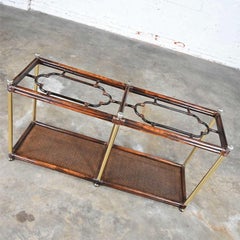 Hollywood Regency Campaign Chinoiserie Faux Bamboo Cane & Glass Top Sofa Table