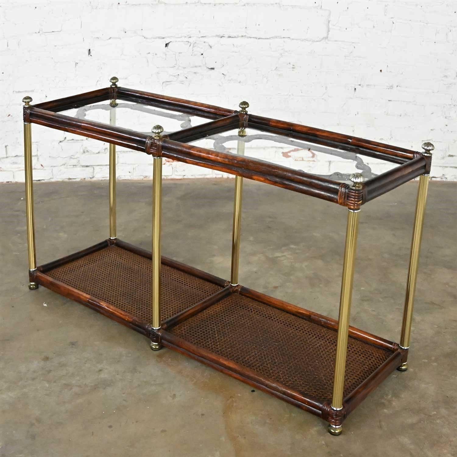 Unknown Hollywood Regency Campaign Chinoiserie Faux Bamboo Cane & Glass Top Sofa Table