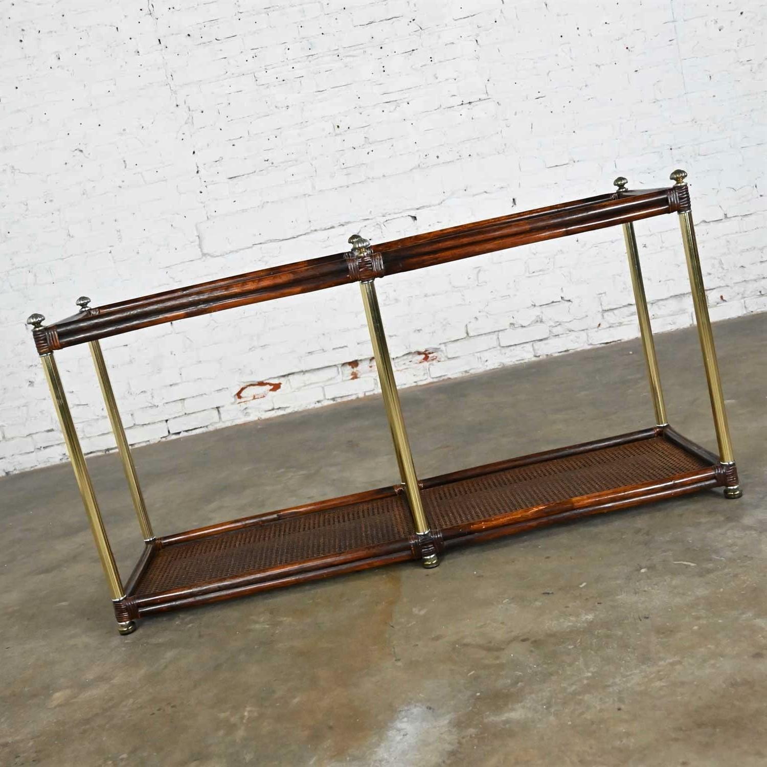 Hollywood Regency Campaign Chinoiserie Faux Bamboo Cane & Glass Top Sofa Table In Good Condition In Topeka, KS