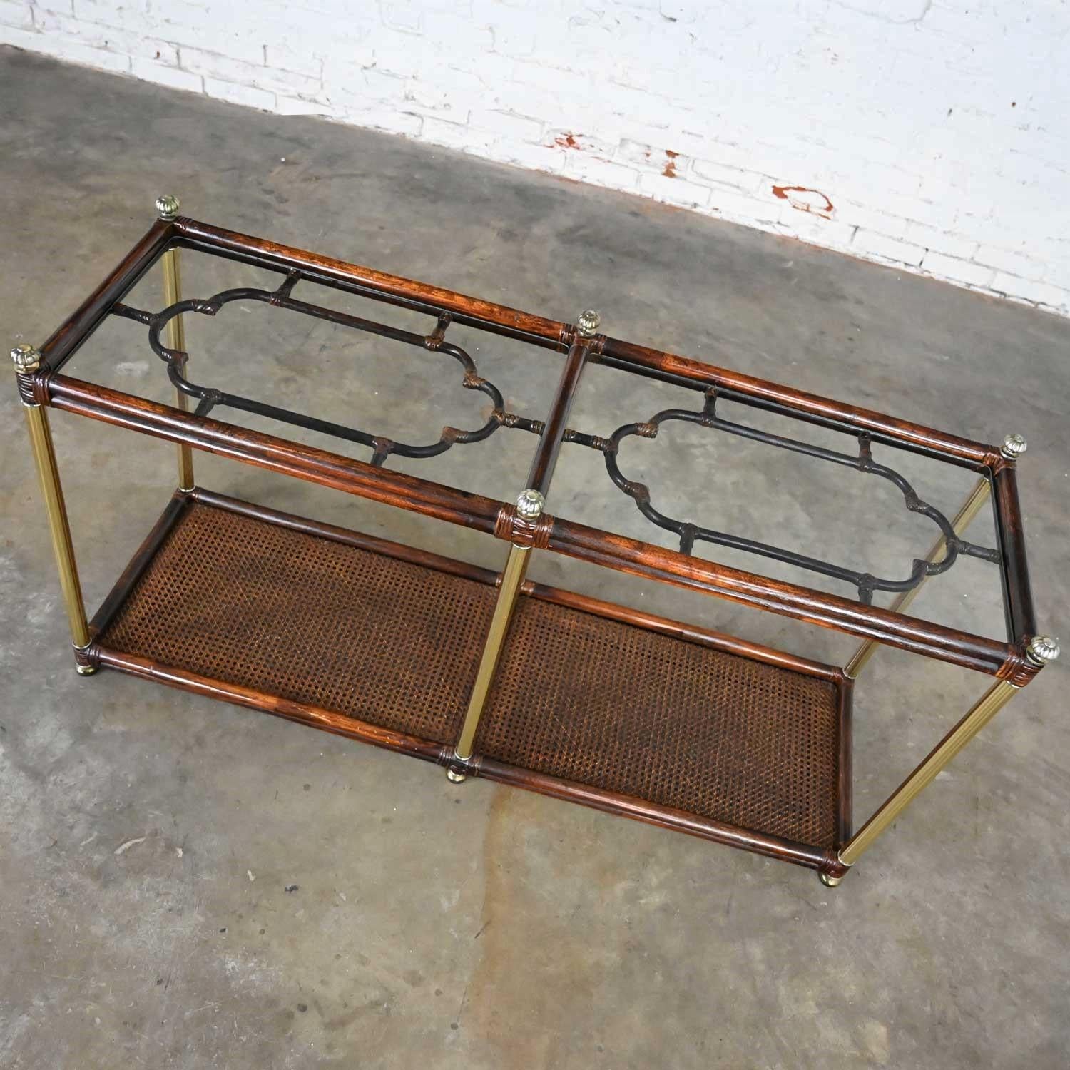 20th Century Hollywood Regency Campaign Chinoiserie Faux Bamboo Cane & Glass Top Sofa Table