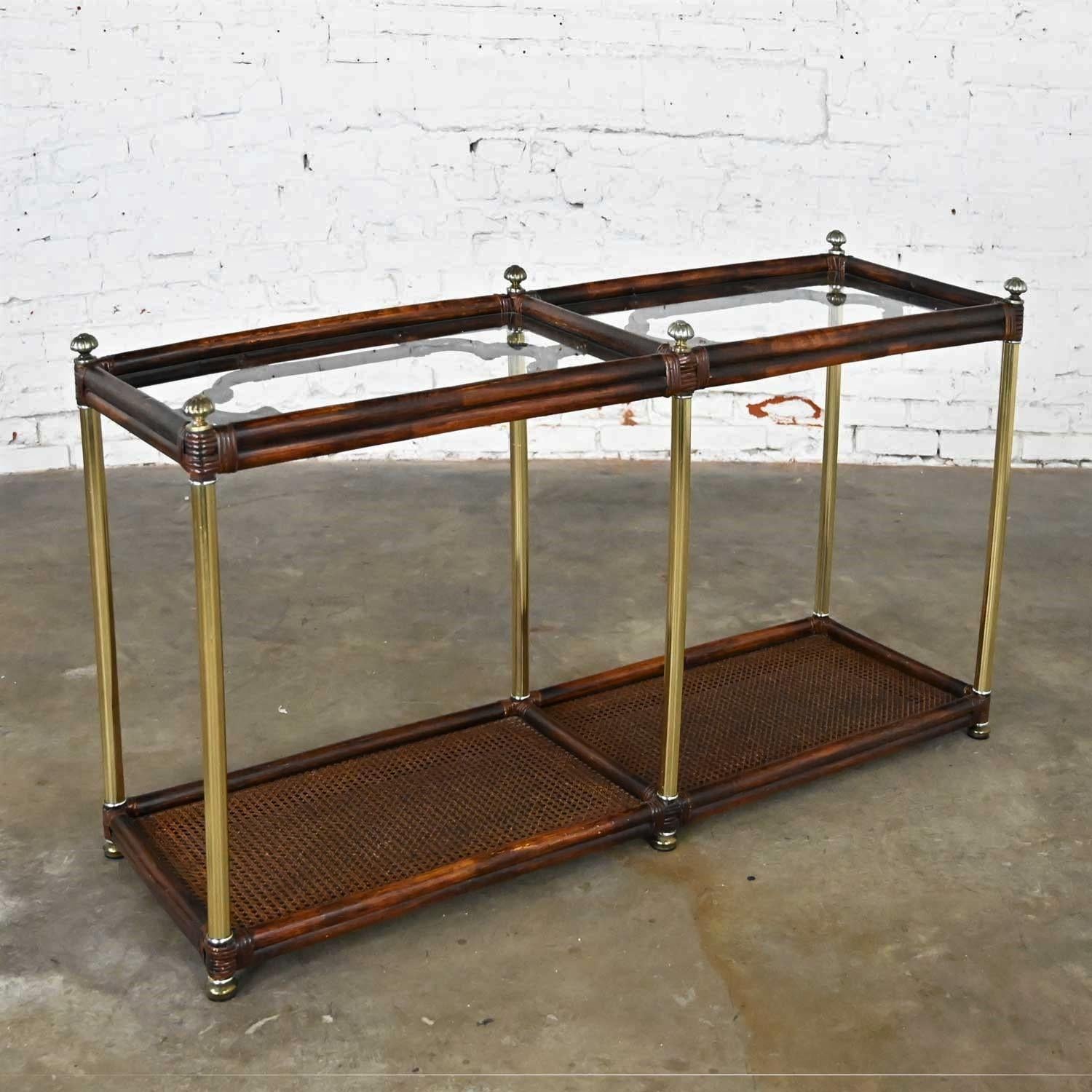 Hollywood Regency Campaign Chinoiserie Faux Bamboo Cane & Glass Top Sofa Table 1