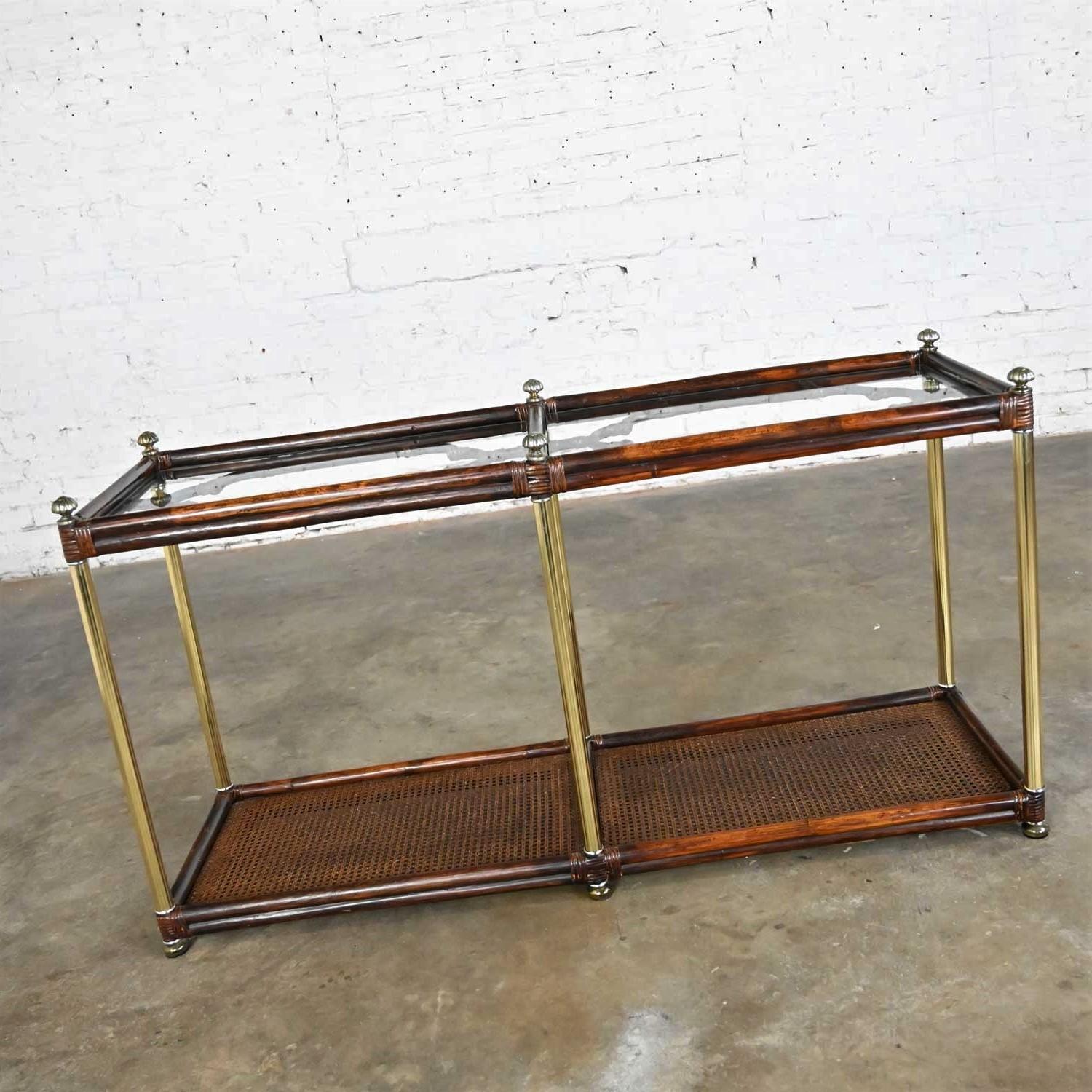 Hollywood Regency Campaign Chinoiserie Faux Bamboo Cane & Glass Top Sofa Table 4