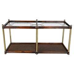 Retro Hollywood Regency Campaign Chinoiserie Faux Bamboo Cane & Glass Top Sofa Table