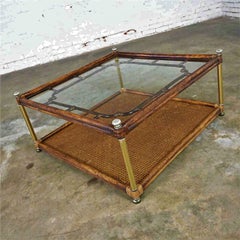 Hollywood Regency Campaign Chinoiserie Style Faux Bamboo Cane & Glass Top Coffee