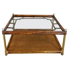 Retro Hollywood Regency Campaign Chinoiserie Style Faux Bamboo Cane & Glass Top Coffee