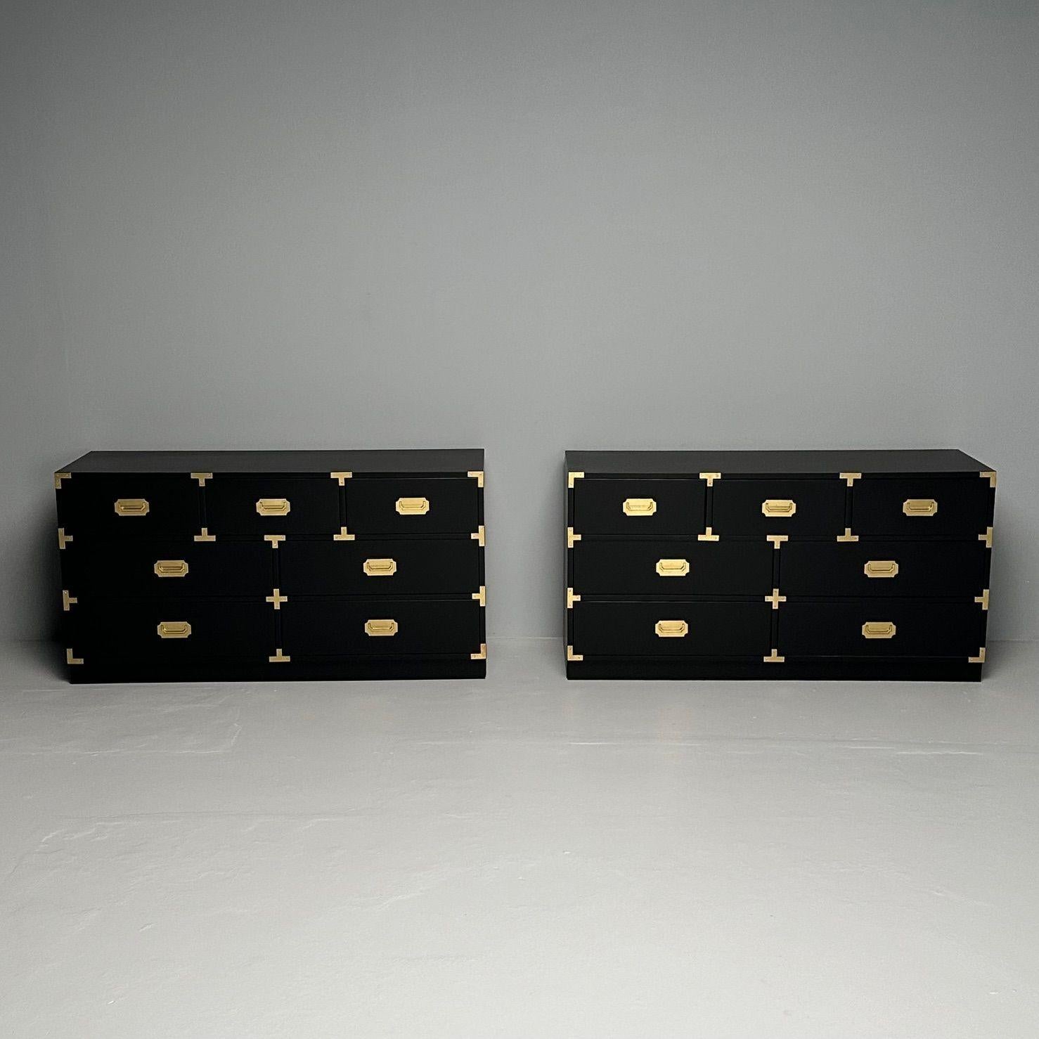 Hollywood Regency, Campaign Chests or Dressers, Black Paint, Brass, USA, 1970s

Pair of mid-century modern campaign dressers designed and produced in the United States, circa 1970s. Each cabinet has been newly refinished with a black satin finish.