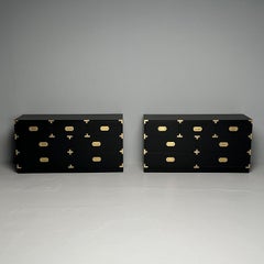 Hollywood Regency, Campaign Dressers, Black Paint, Brass, USA, 1970s