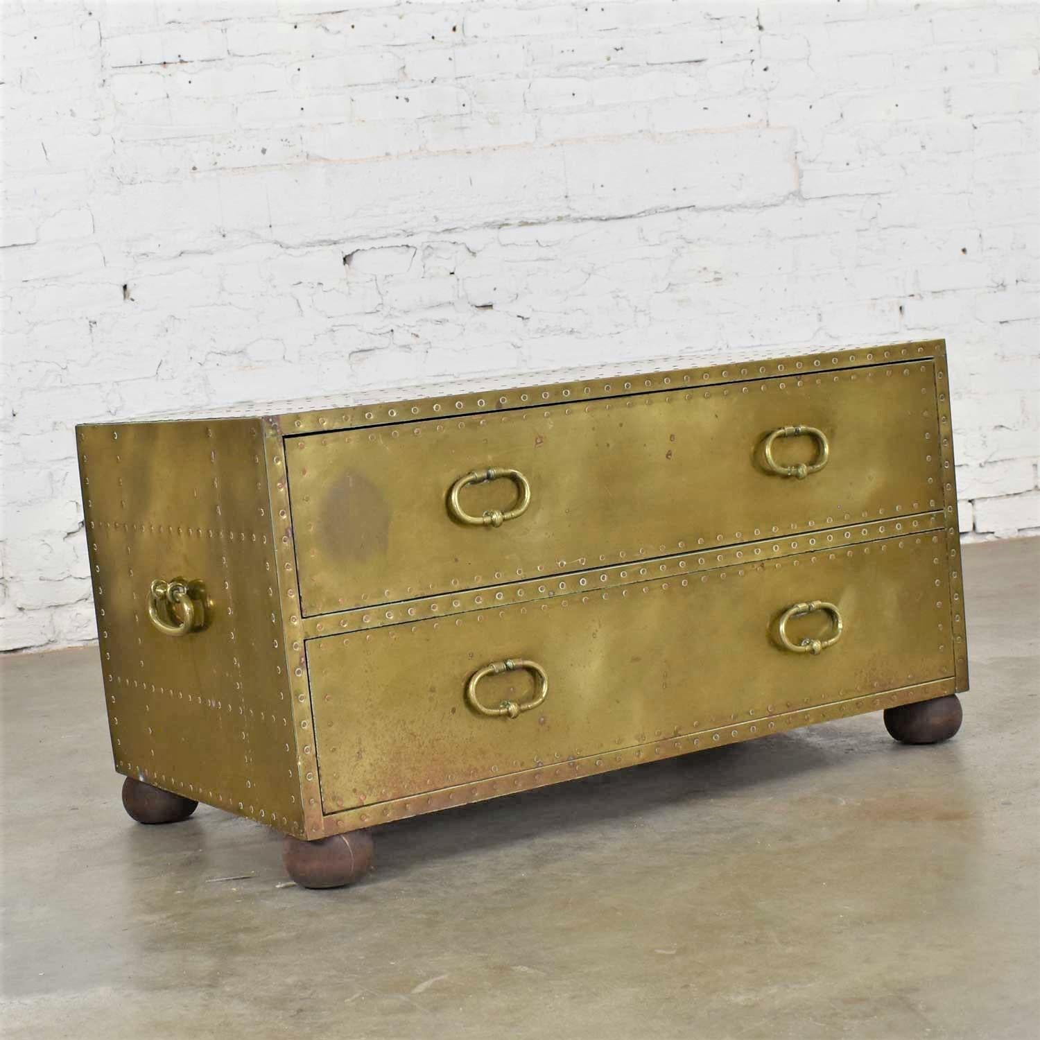 Spanish Hollywood Regency Campaign Style Brass Clad Two-Drawer Chest Sarreid Ltd., Spain