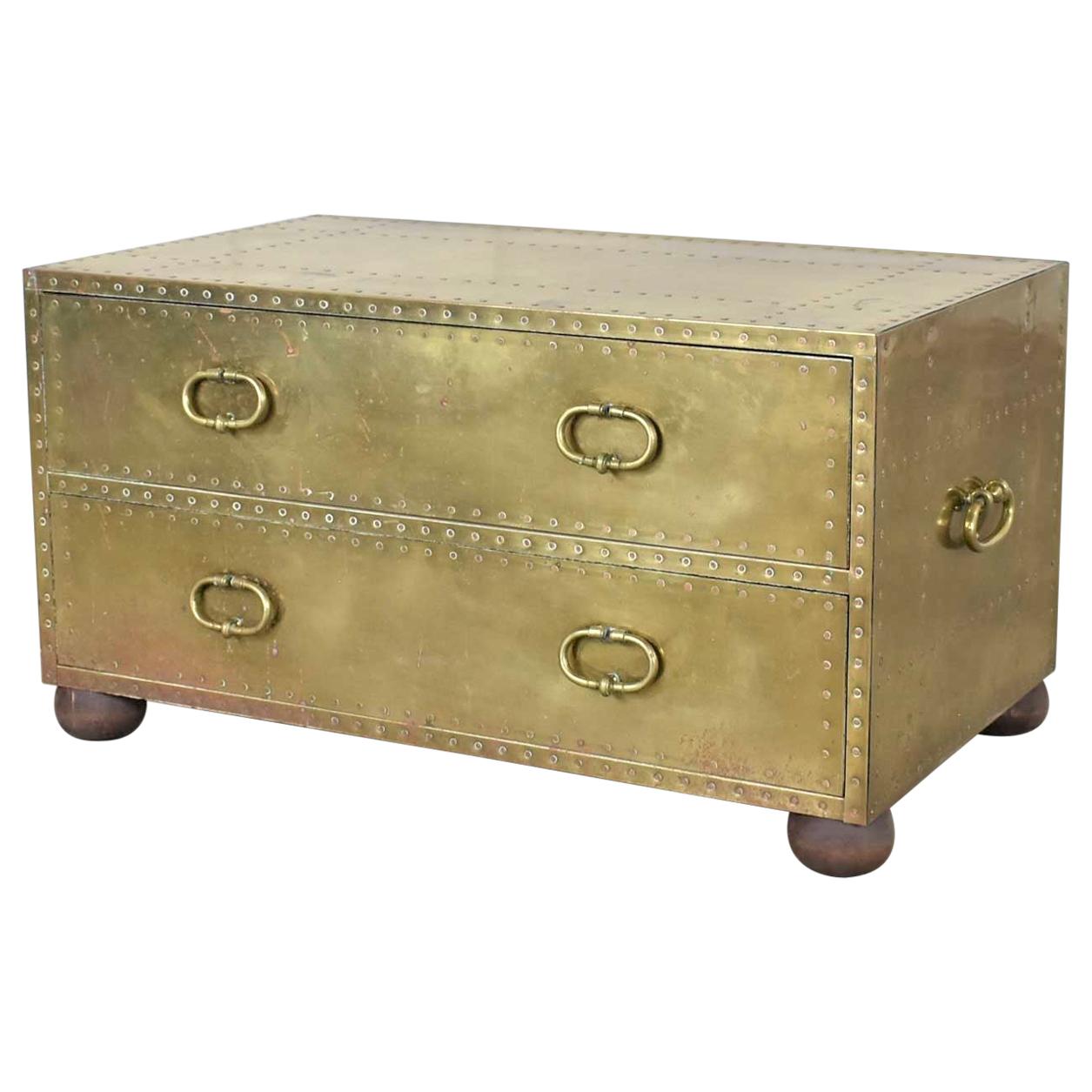 Hollywood Regency Campaign Style Brass Clad Two-Drawer Chest Sarreid Ltd., Spain