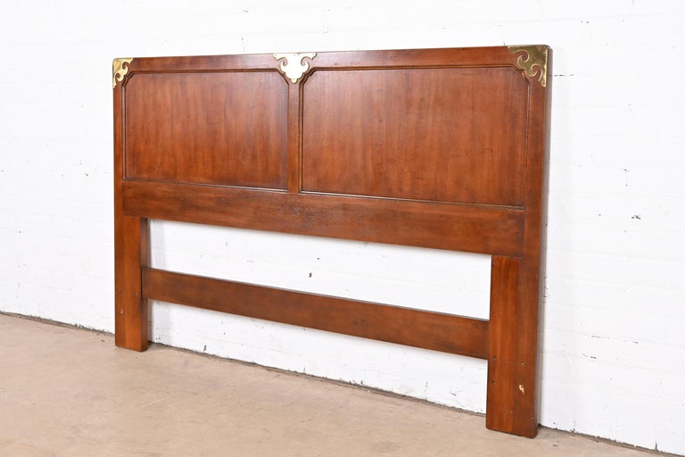 Hollywood Regency Campaign Style Queen Size Headboard Attributed to Henredon In Good Condition For Sale In South Bend, IN