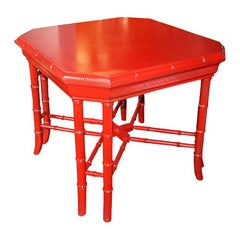 Hollywood Regency Candy Apple Red Faux Bamboo Game or Occasional Table