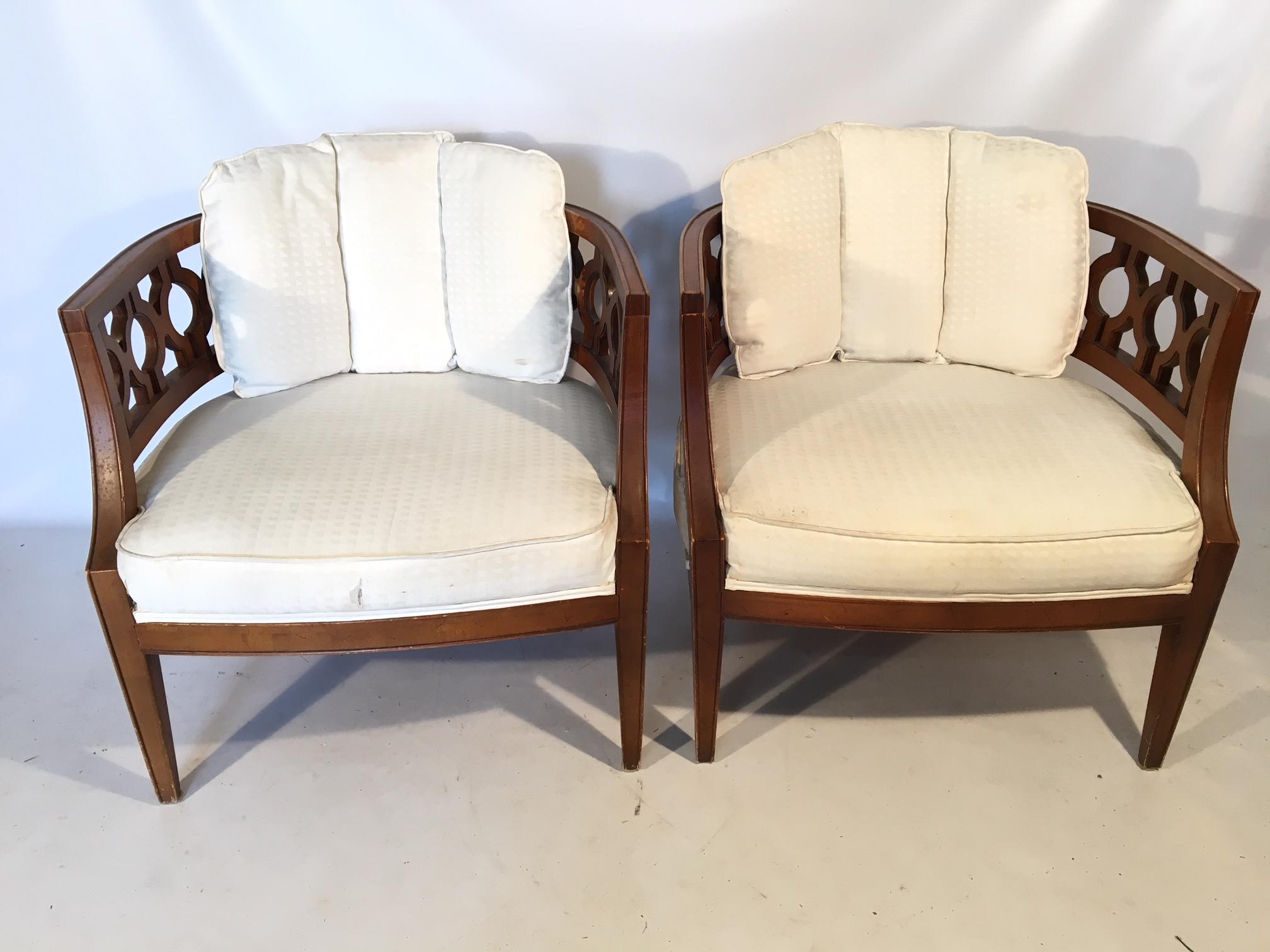 Upholstery Hollywood Regency Carved Barrel Chairs after Dorothy Draper, a Pair