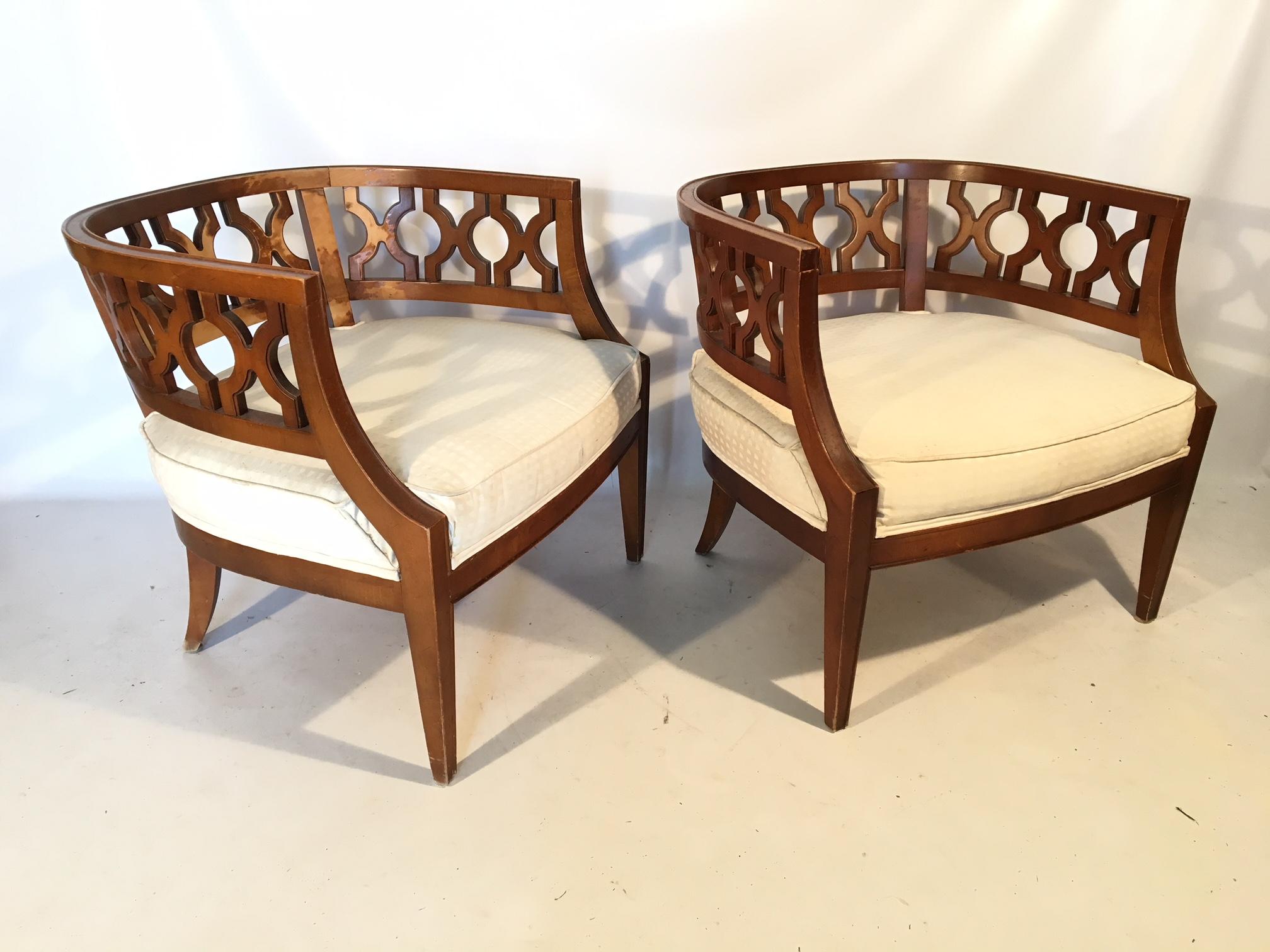 Hollywood Regency Carved Barrel Chairs after Dorothy Draper, a Pair 1