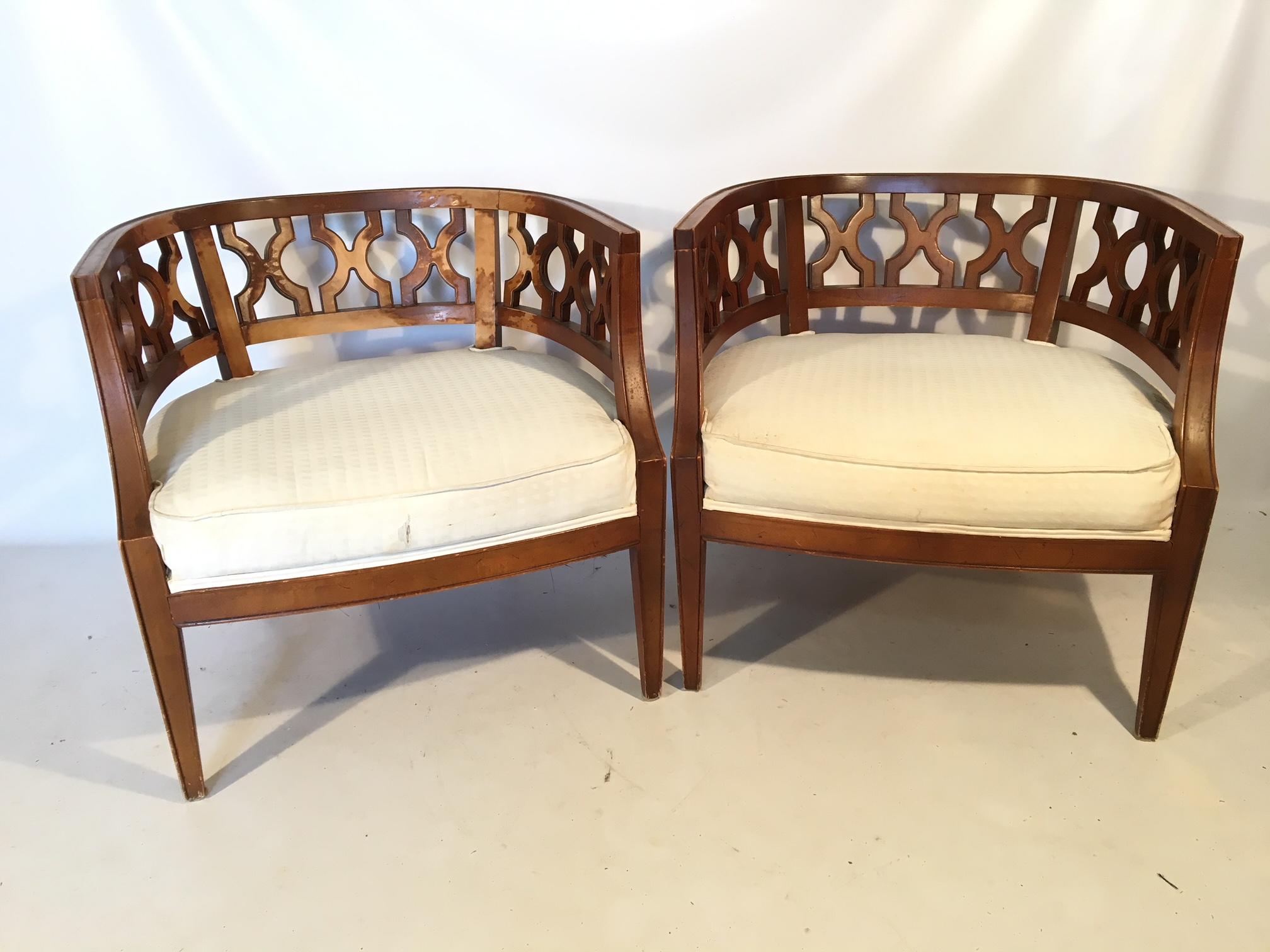 Hollywood Regency Carved Barrel Chairs after Dorothy Draper, a Pair 3