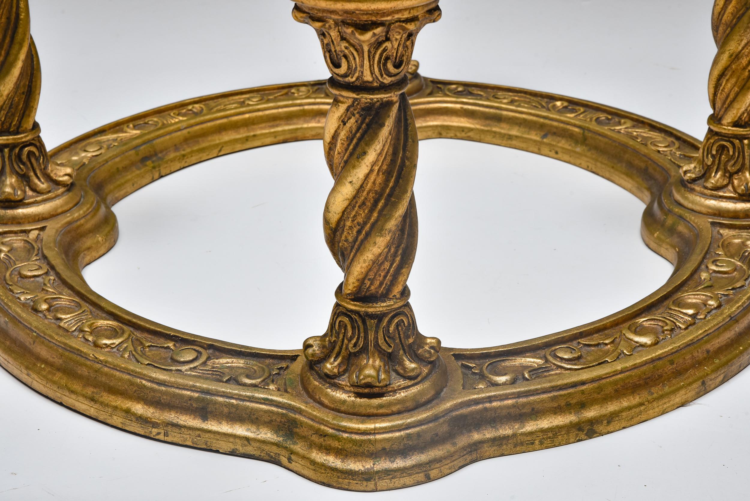 Mid-20th Century Hollywood Regency Carved Giltwood Coffee Table, Brass, Glass, 1940's For Sale