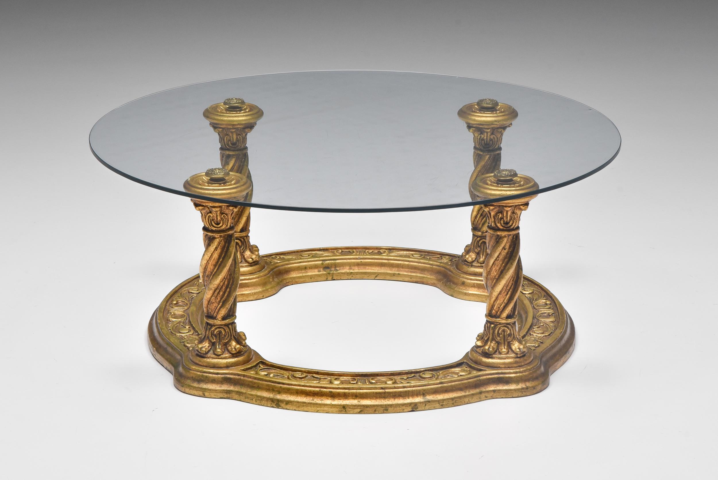 Hollywood Regency Carved Giltwood Coffee Table, Brass, Glass, 1940's For Sale 1