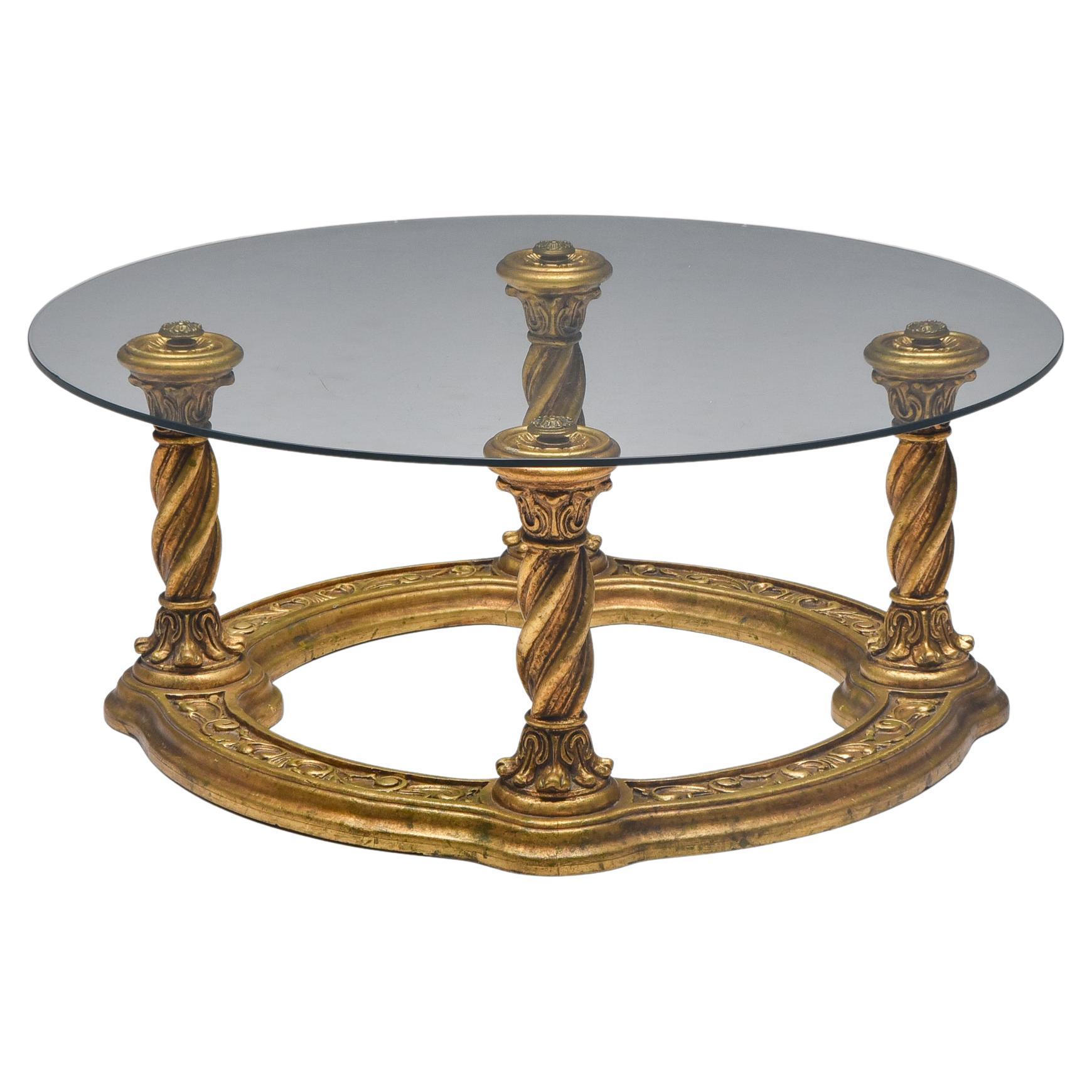Hollywood Regency Carved Giltwood Coffee Table, Brass, Glass, 1940's