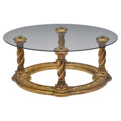 Vintage Hollywood Regency Carved Giltwood Coffee Table, Brass, Glass, 1940's