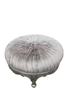 Hollywood Regency Carved Round Ottoman with Pleated Velvet