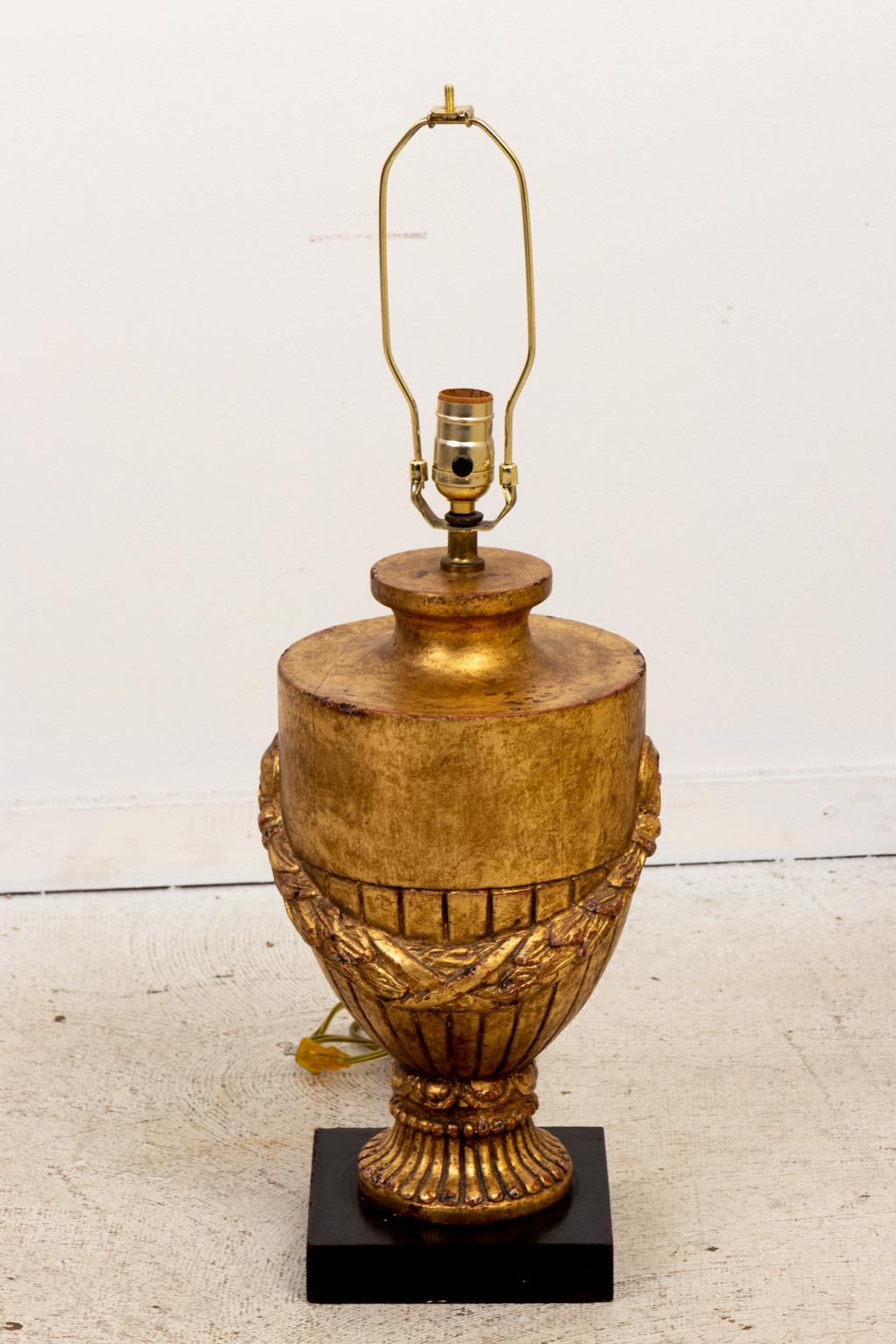 Wood Hollywood Regency Carved Urn Form Gilt Pair of Lamps