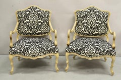 Hollywood Regency Madera tallada Baja Damasco Pintado de Crema Boudoir Sillas - un Par