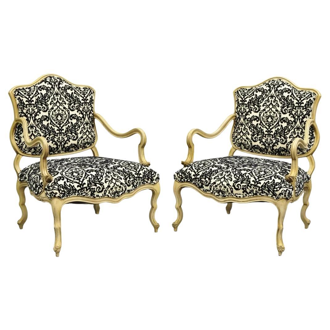Hollywood Regency Carved Wood Low Cream Painted Damask Boudoir Chairs - a Pair