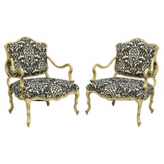 Hollywood Regency Carved Wood Low Cream Painted Damask Boudoir Chairs - a Pair