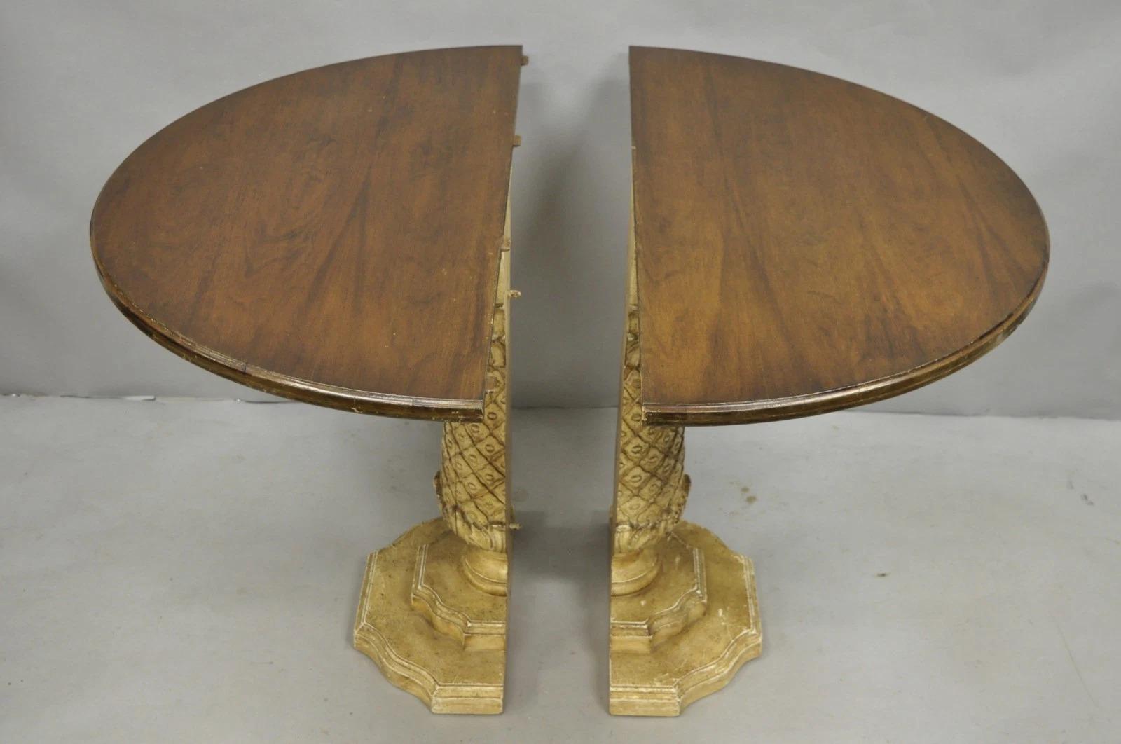 Hollywood Regency Carved Wood Pineapple Demilune Console Hall Tables - a Pair For Sale 7