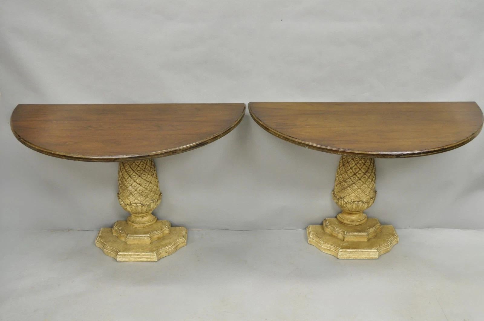 Please message us with your zip code to request a more reasonable domestic U.S. shipping quote.

Vintage Hollywood Regency Carved Wood Pineapple Demilune Console Hall Tables - a Pair. Table was originally one round center table but the owners