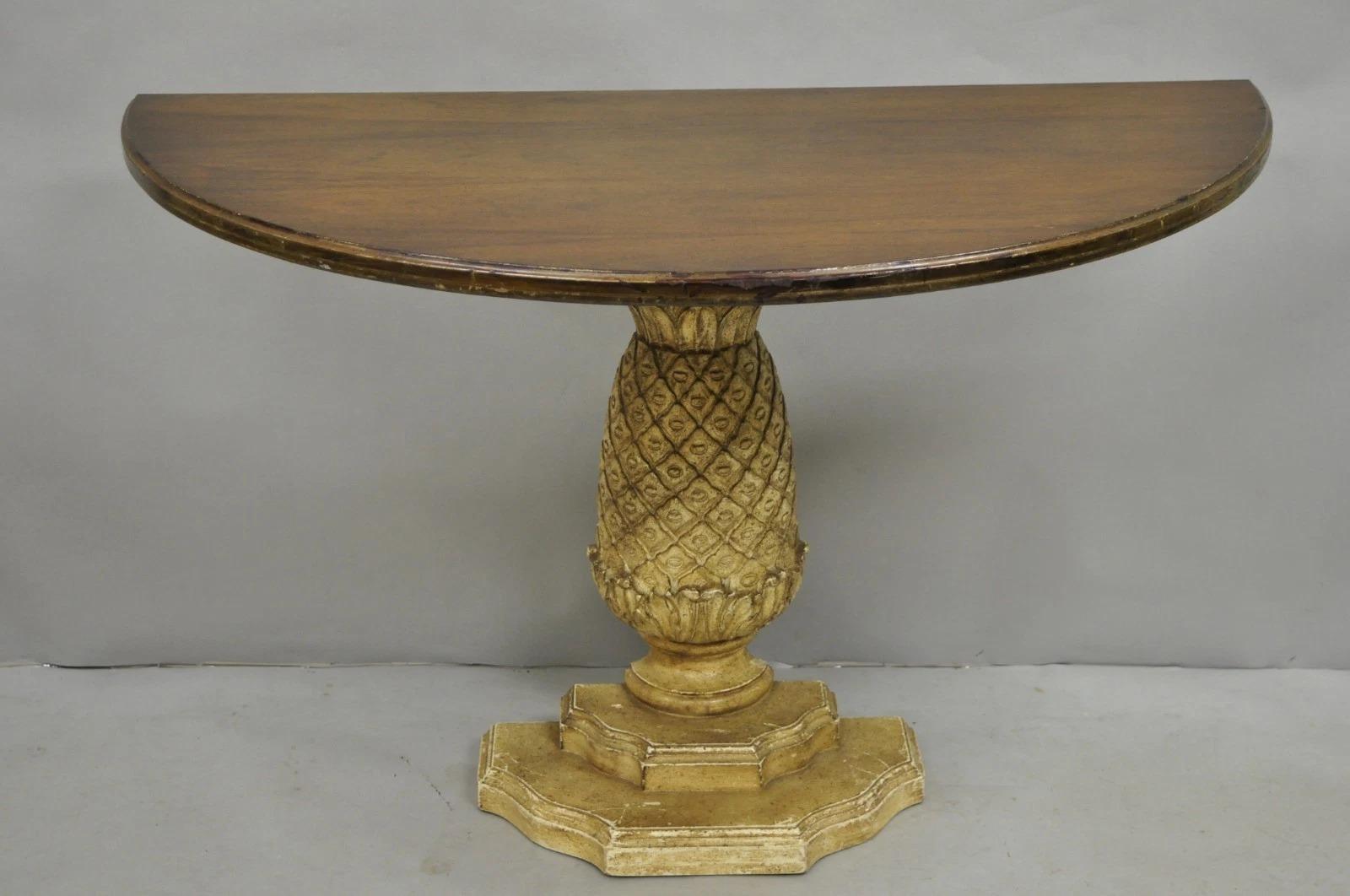 Hollywood Regency Carved Wood Pineapple Demilune Console Hall Tables - a Pair For Sale 15