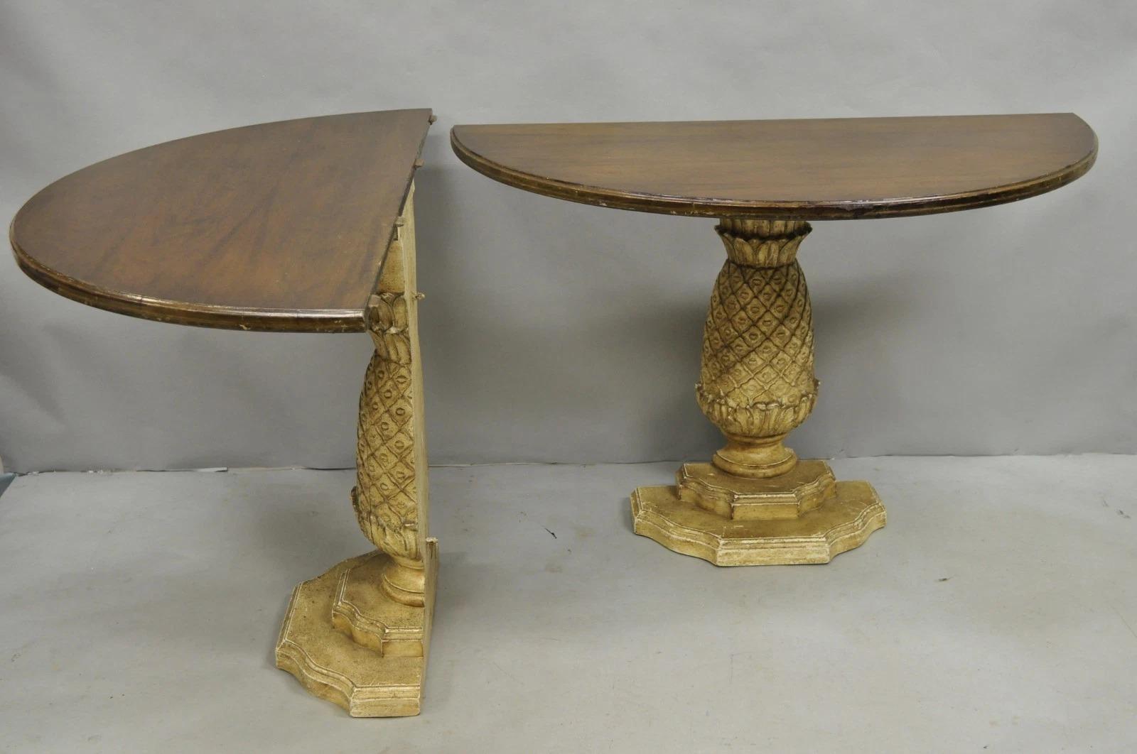 Hollywood Regency Carved Wood Pineapple Demilune Console Hall Tables - a Pair In Good Condition For Sale In Philadelphia, PA