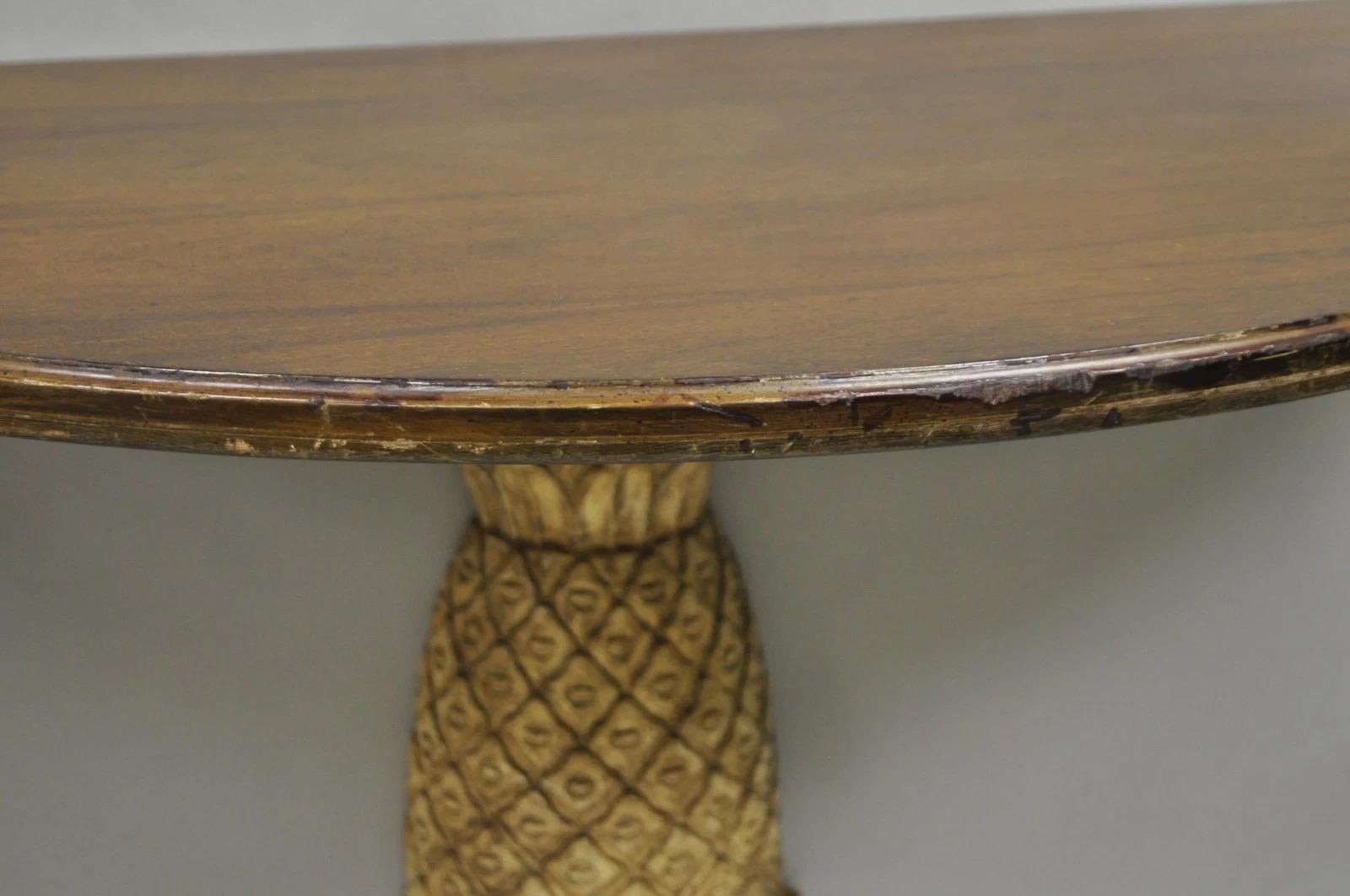 20th Century Hollywood Regency Carved Wood Pineapple Demilune Console Hall Tables - a Pair For Sale