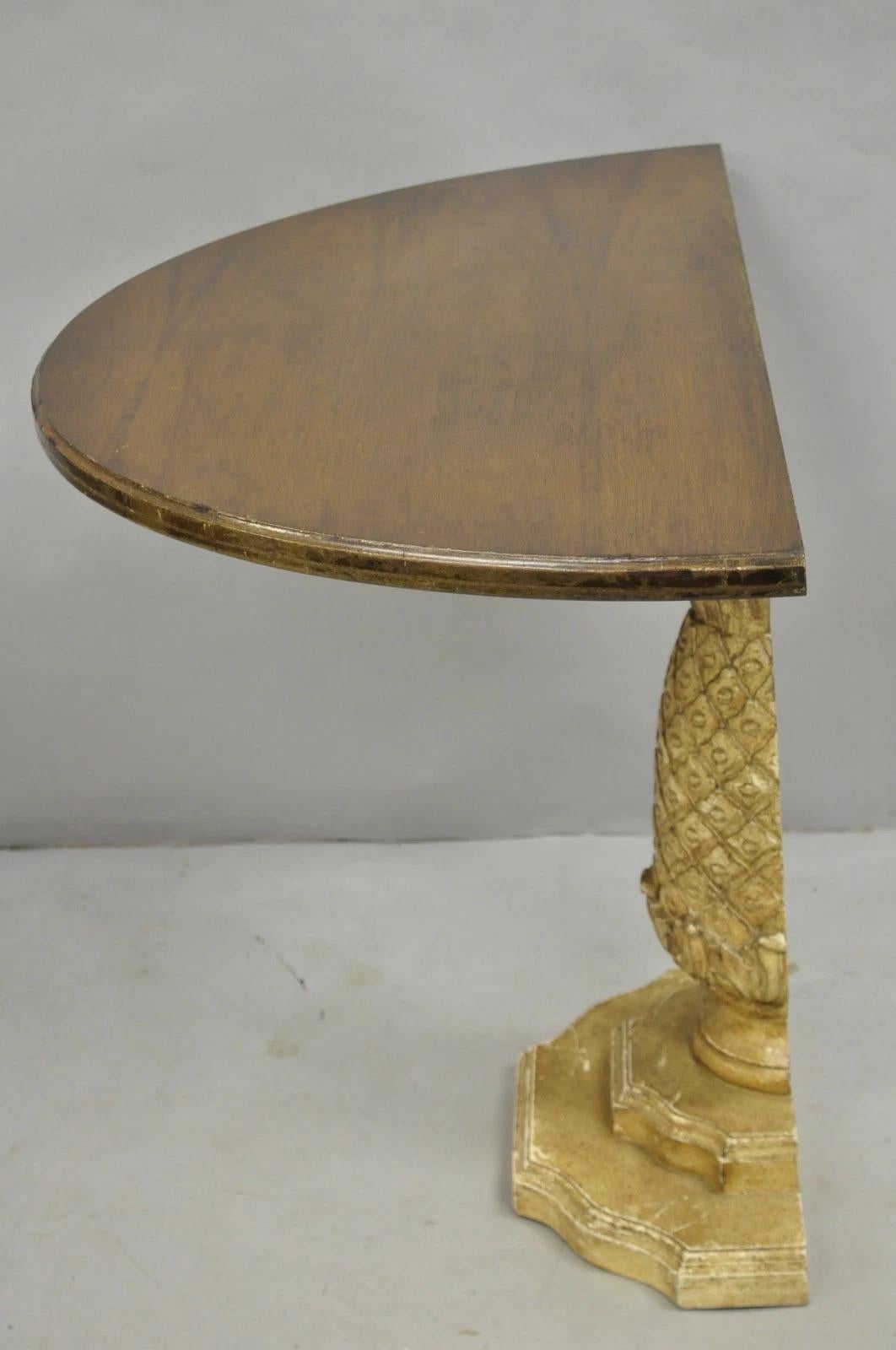 Hollywood Regency Carved Wood Pineapple Demilune Console Hall Tables - a Pair For Sale 1