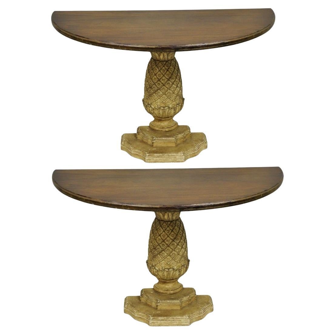 Hollywood Regency Carved Wood Pineapple Demilune Console Hall Tables - a Pair For Sale