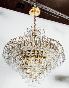 Hollywood Regency Cut Crystal Chandelier with Cascading Brass Frame, c. 1950's