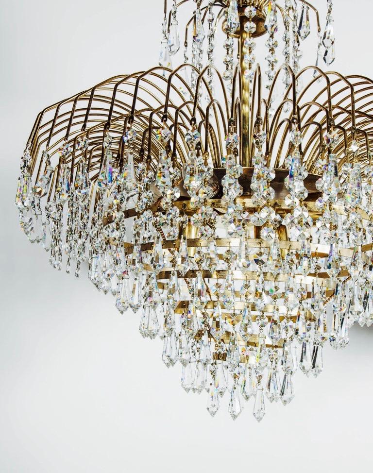 American Hollywood Regency Cut Crystal Chandelier with Cascading Brass Frame, c. 1950's For Sale