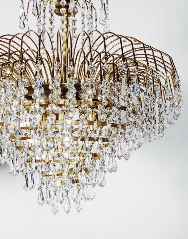 Hollywood Regency Cut Crystal Chandelier with Cascading Brass Frame, c. 1950's In Good Condition For Sale In Fort Lauderdale, FL