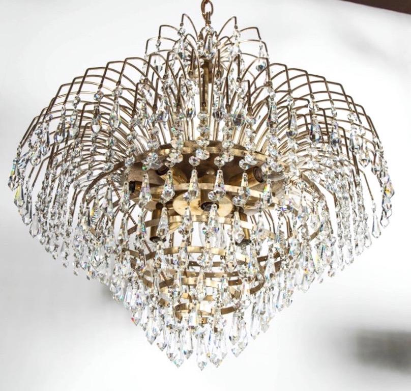 Mid-20th Century Hollywood Regency Cut Crystal Chandelier with Cascading Brass Frame, c. 1950's For Sale