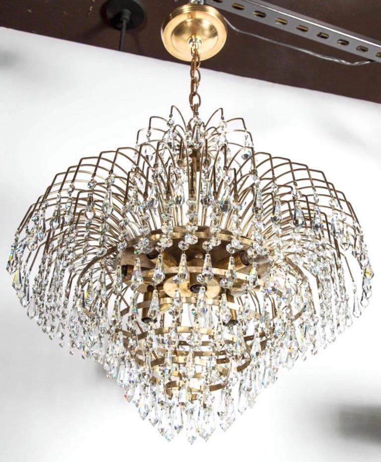Hollywood Regency Cut Crystal Chandelier with Cascading Brass Frame, c. 1950's For Sale 1