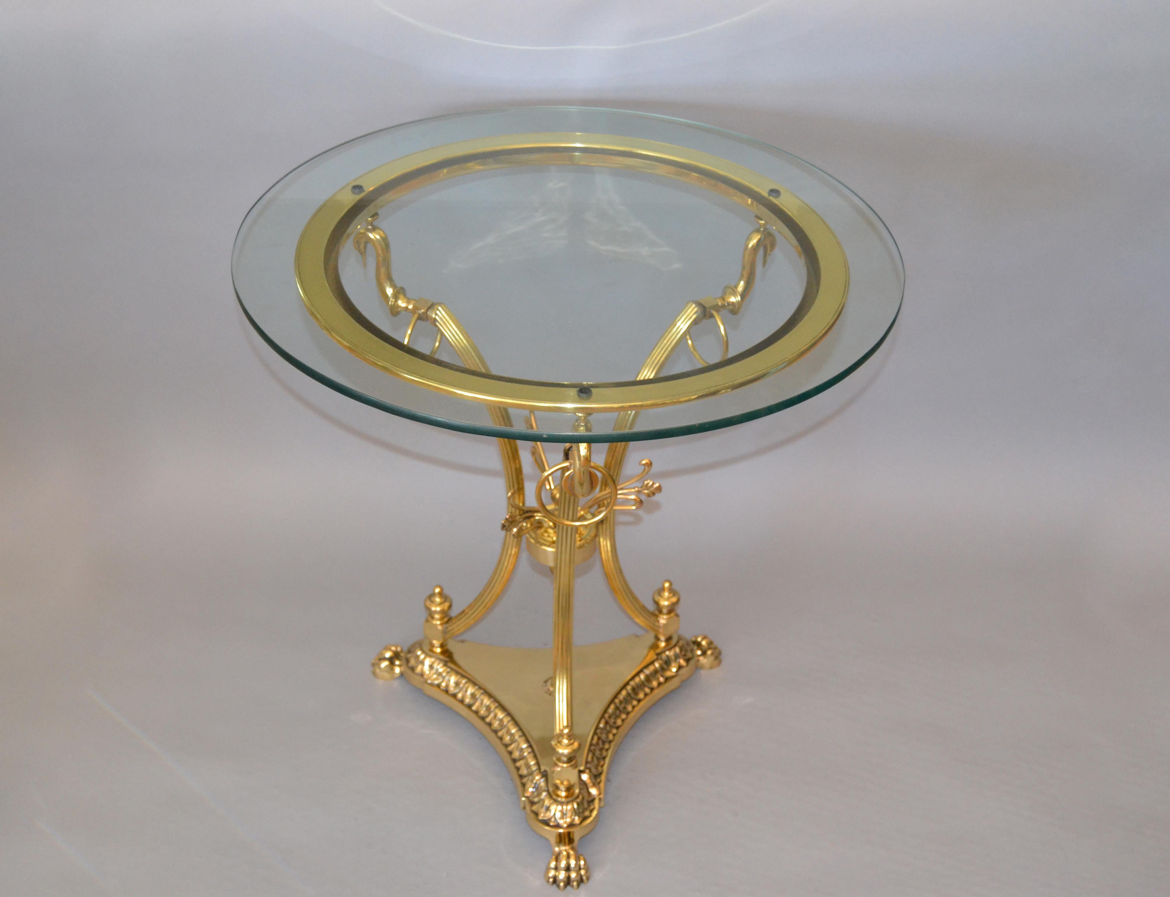 American Hollywood Regency Cast Brass Claw Feet Round Glass Side Table