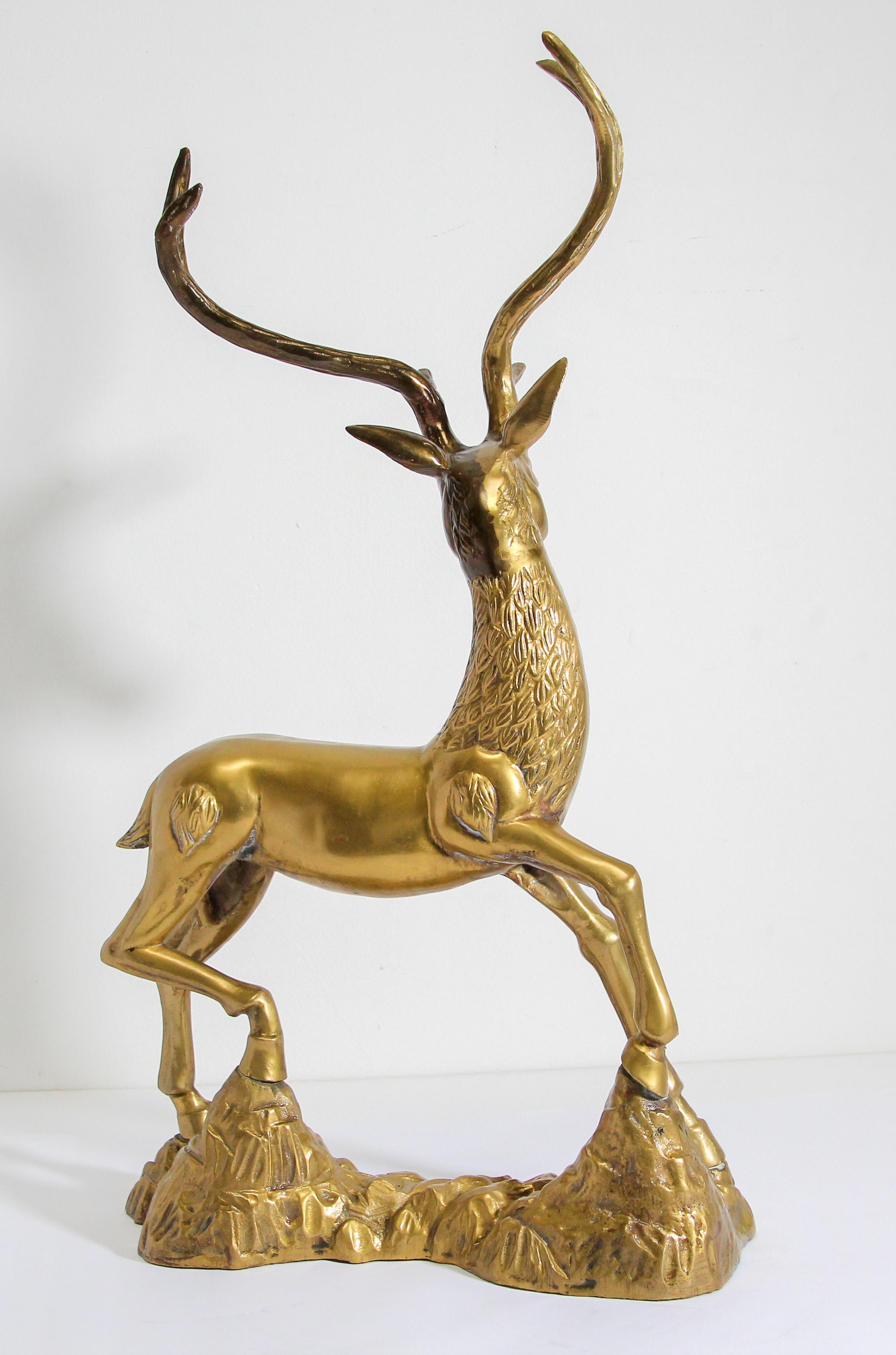 Hollywood Regency Cast Polished Brass Standing Stag Sculpture, 1960s For Sale 2