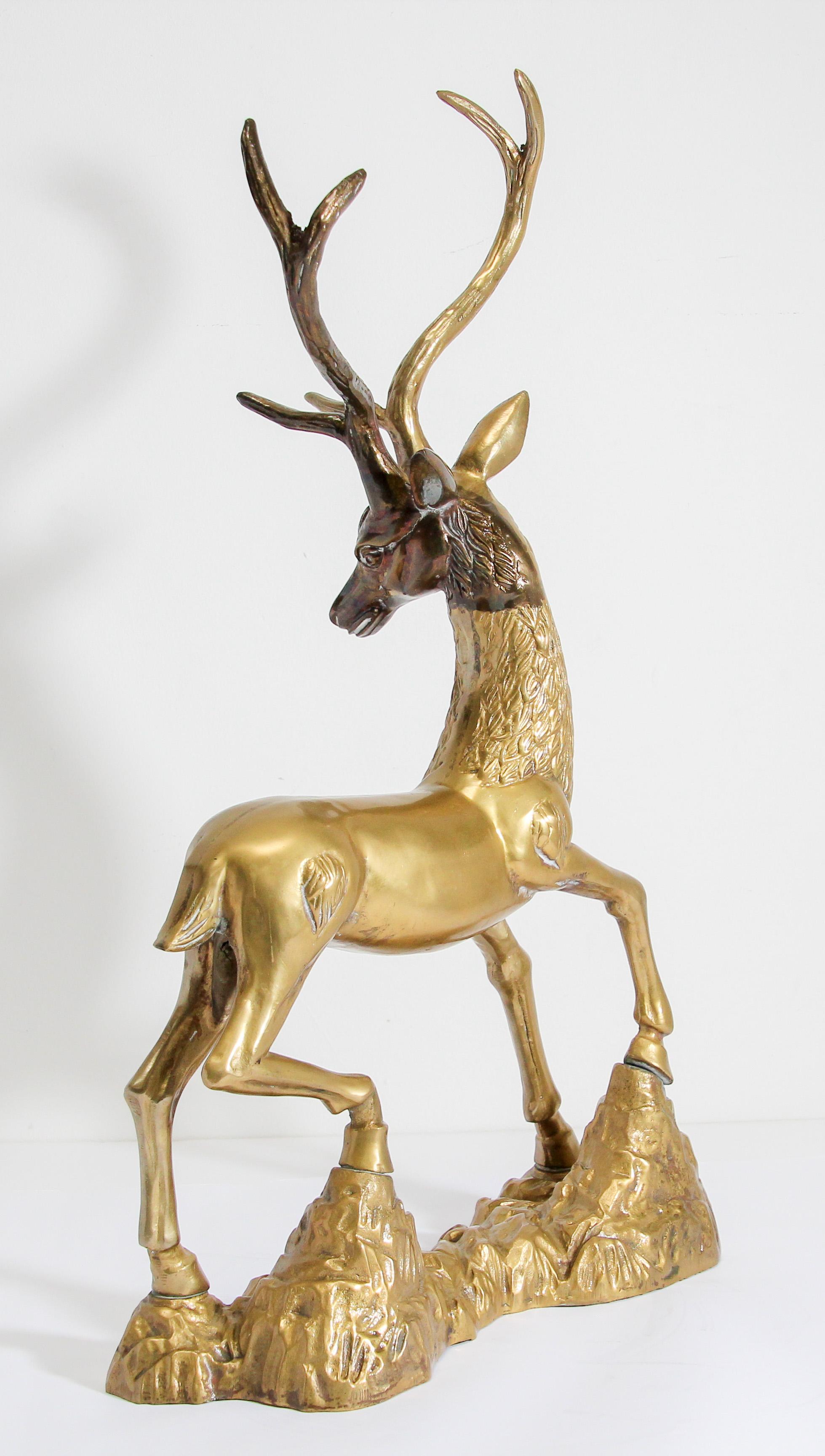 Hollywood Regency Cast Polished Brass Standing Stag Sculpture, 1960s For Sale 3